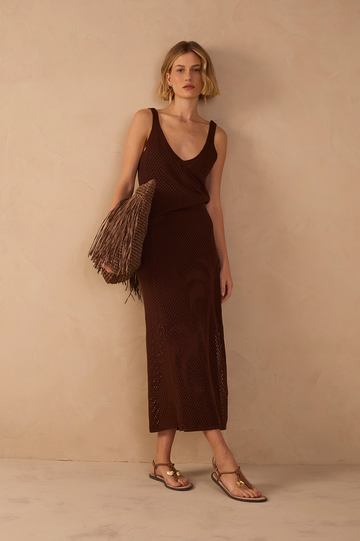 Brown Side Tie Knit Midi Skirt