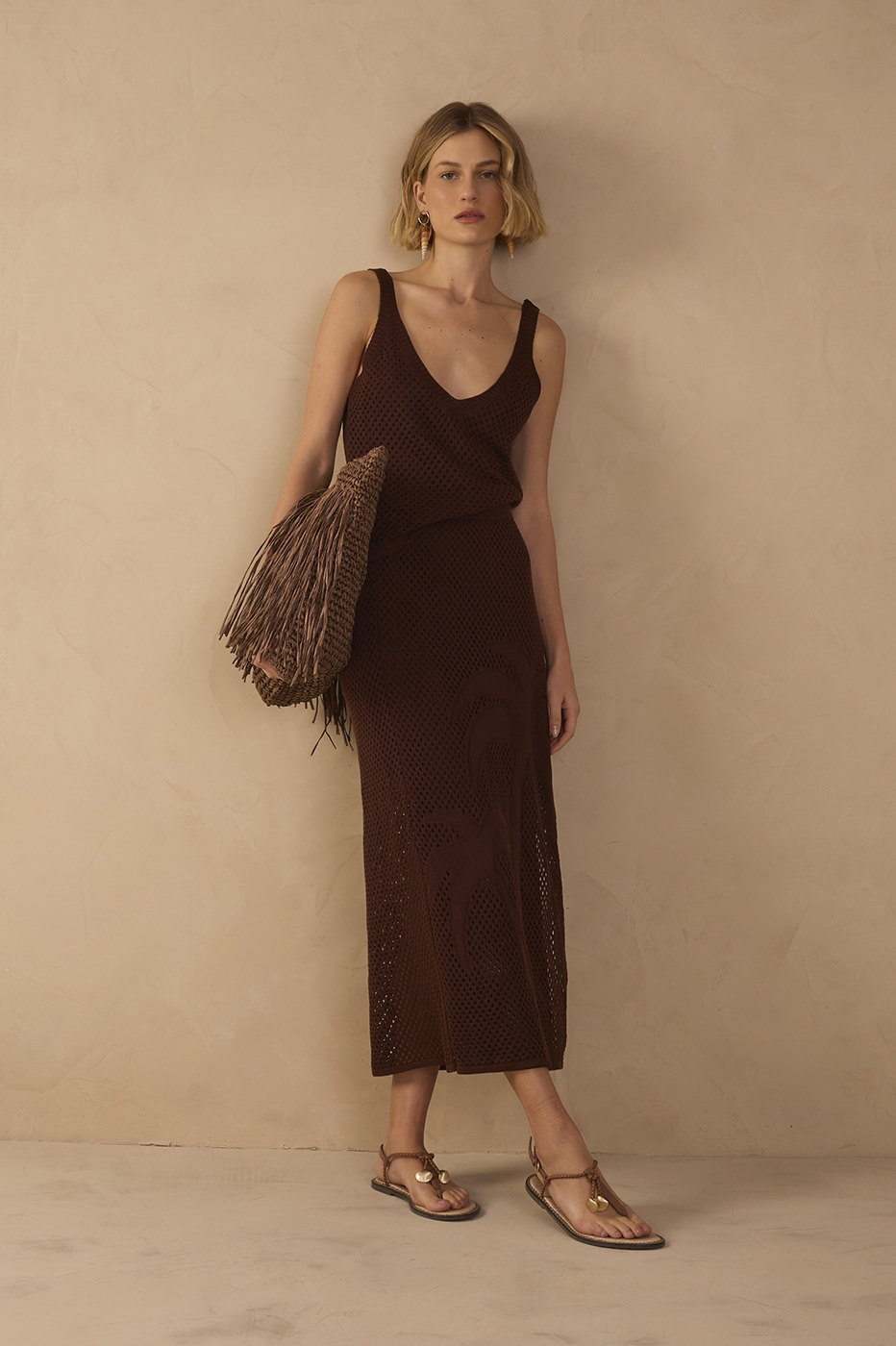 Brown Side Tie Knit Midi Skirt