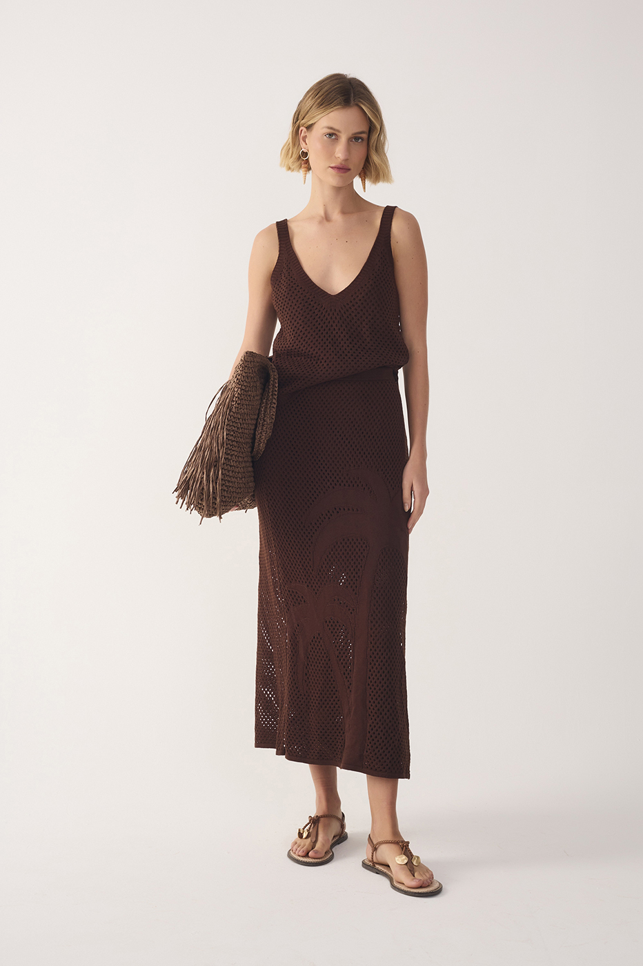 Brown Side Tie Knit Midi Skirt