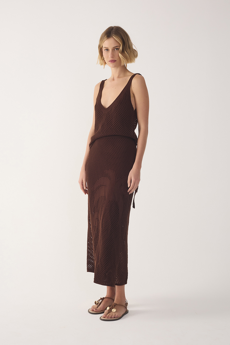 Brown Side Tie Knit Midi Skirt