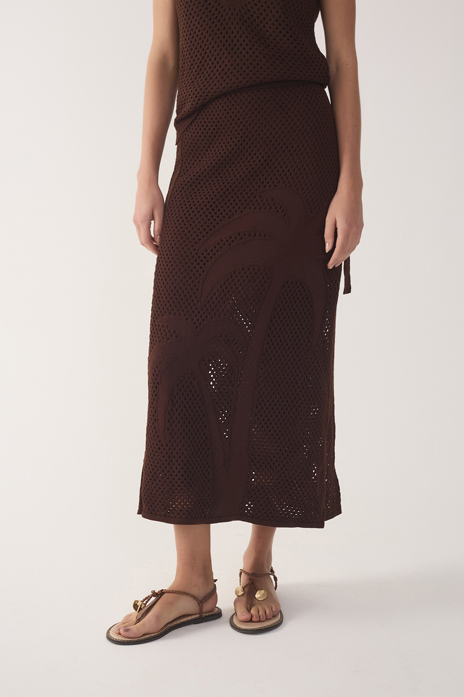 Brown Side Tie Knit Midi Skirt