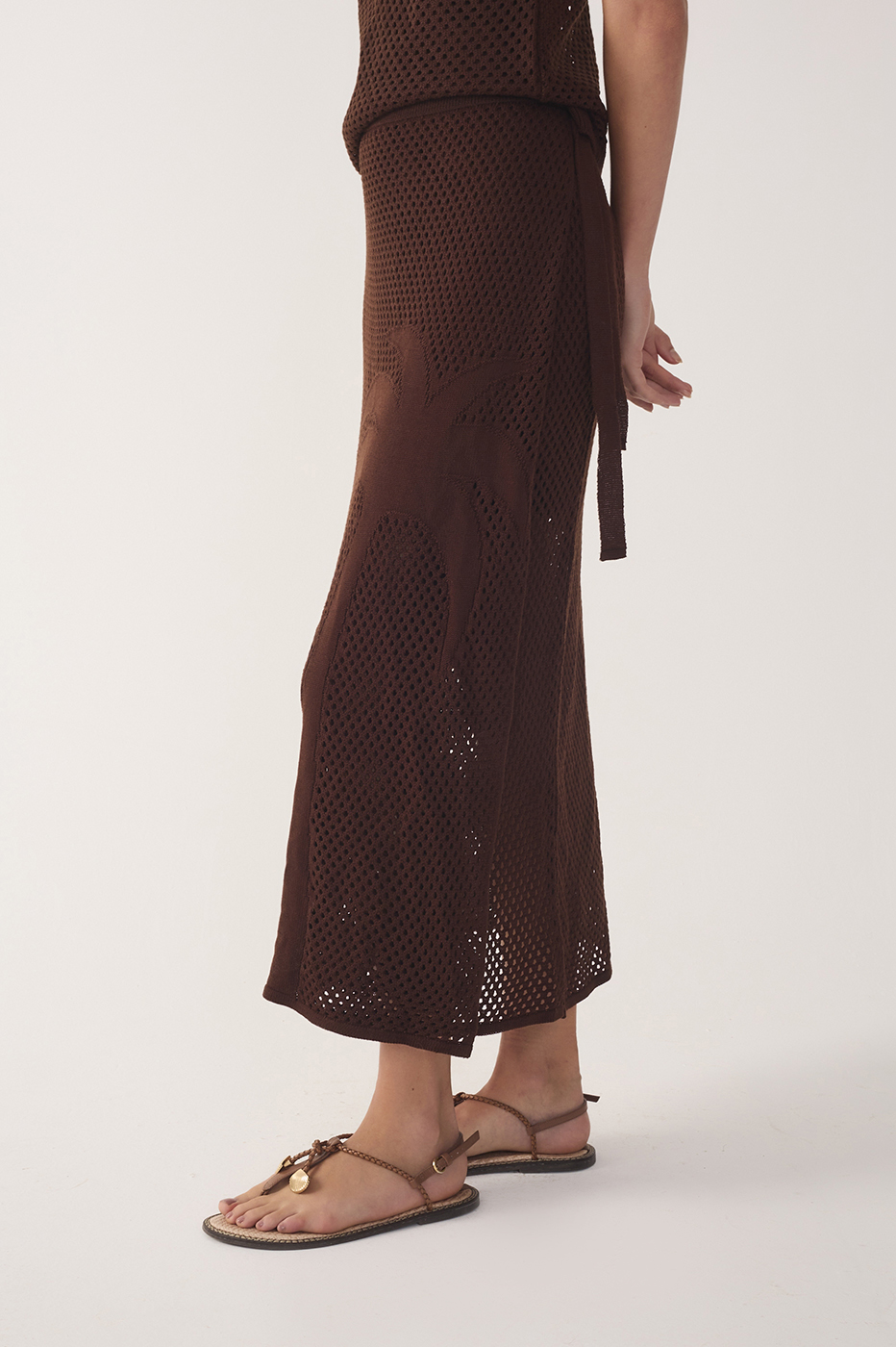 Brown Side Tie Knit Midi Skirt