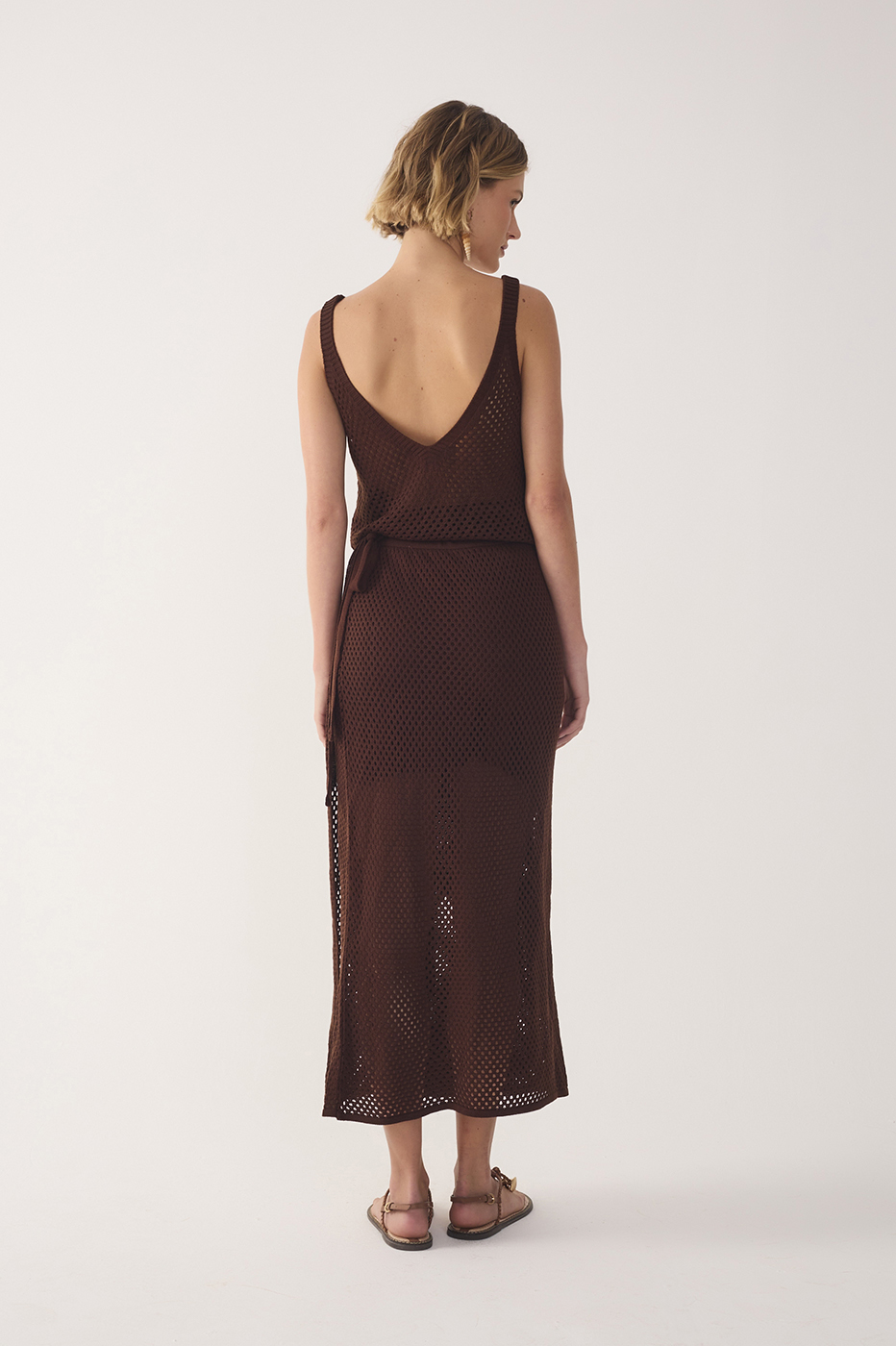 Brown Side Tie Knit Midi Skirt