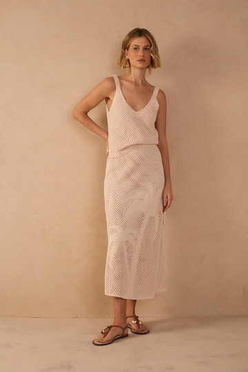 Beige Side Tie Knit Midi Skirt