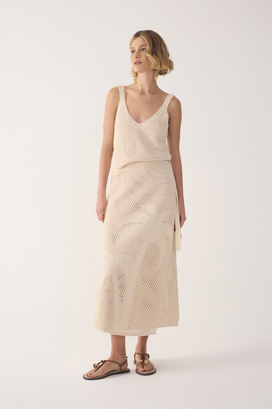 Beige Side Tie Knit Midi Skirt