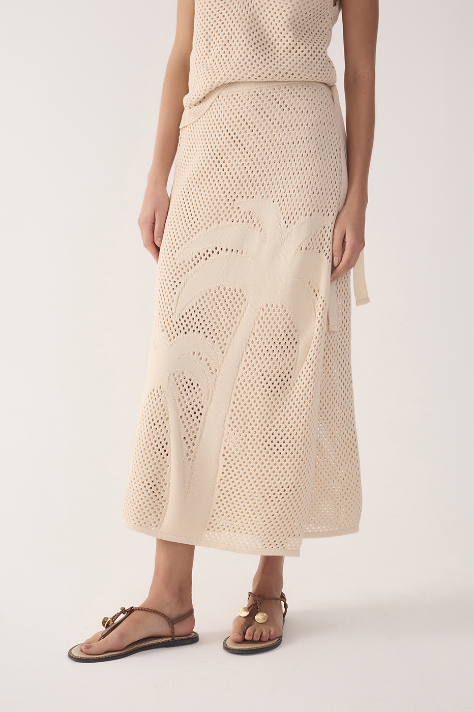 Beige Side Tie Knit Midi Skirt