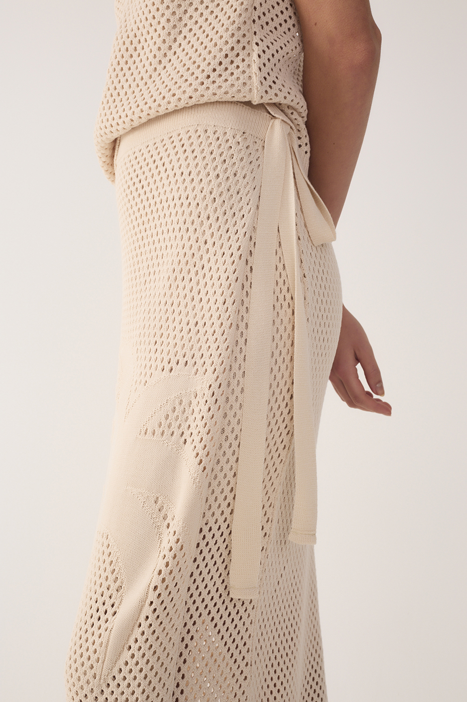 Beige Side Tie Knit Midi Skirt