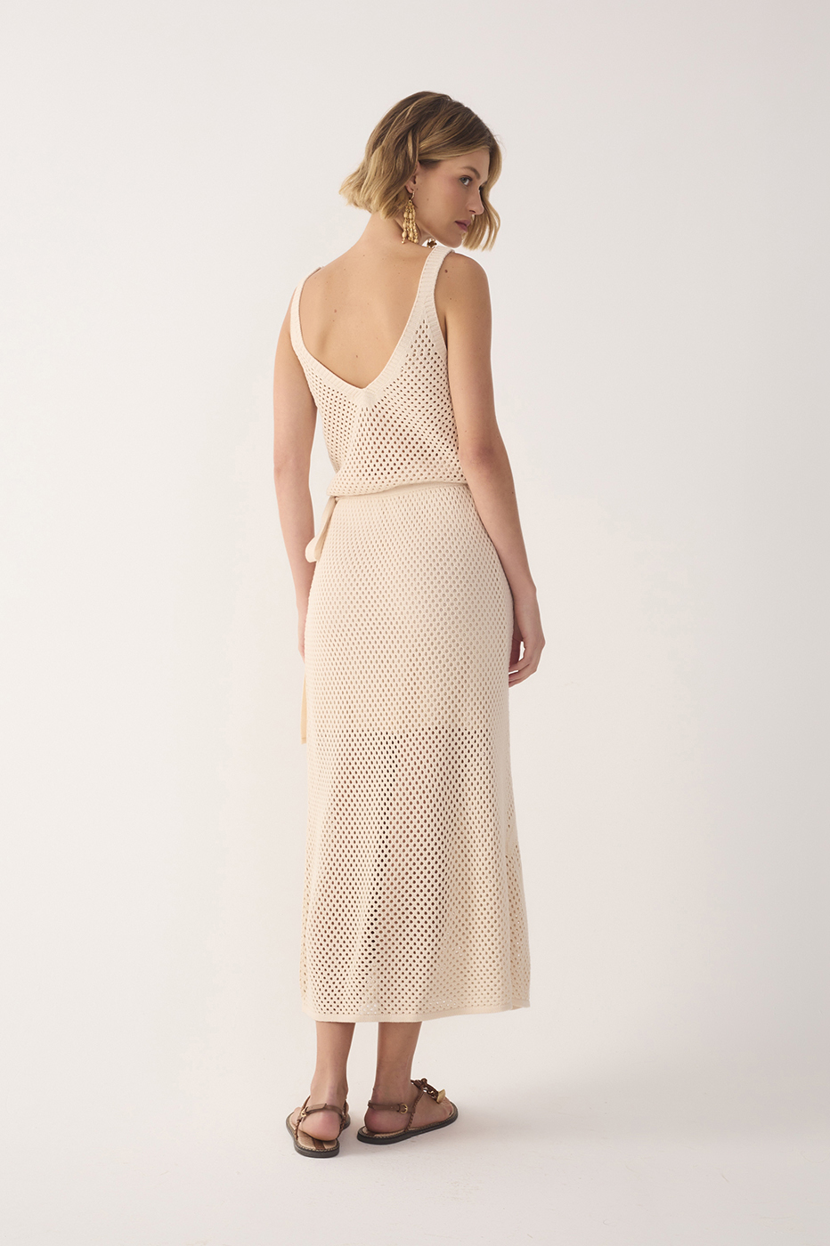 Beige Side Tie Knit Midi Skirt