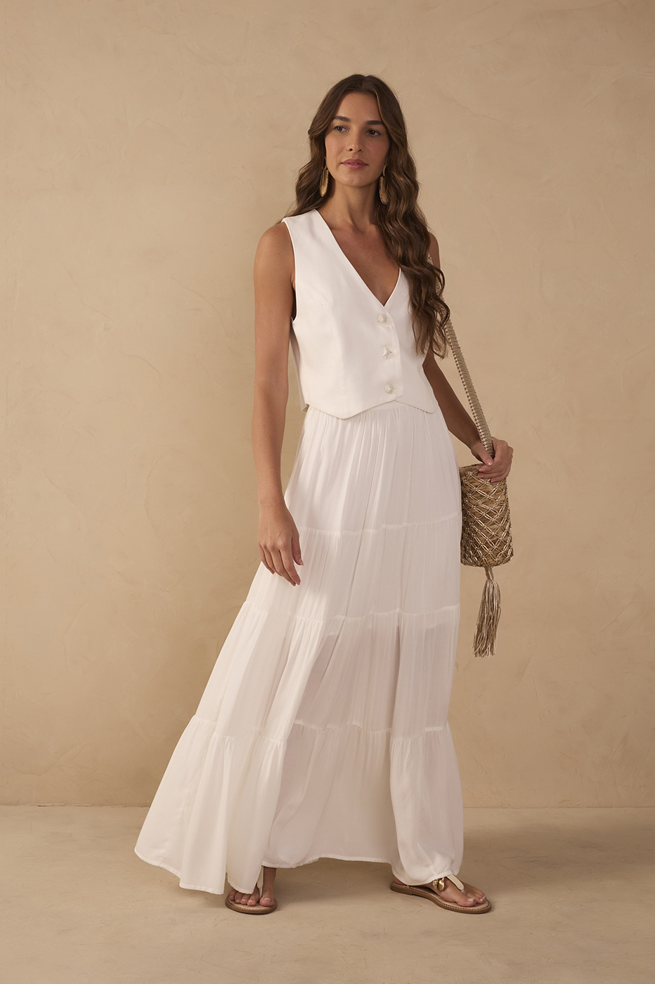 Off-White Ruched Tiered Maxi Skirt