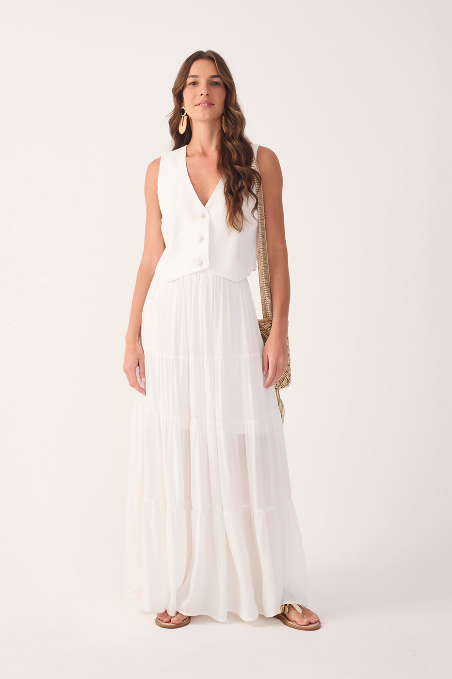 Off-White Ruched Tiered Maxi Skirt