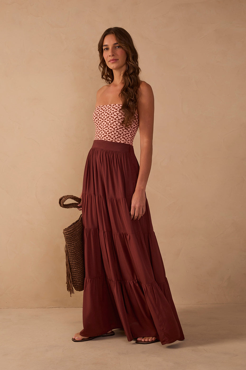 Brown Ruched Tiered Maxi Skirt