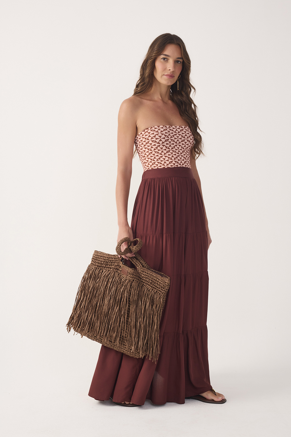Brown Ruched Tiered Maxi Skirt