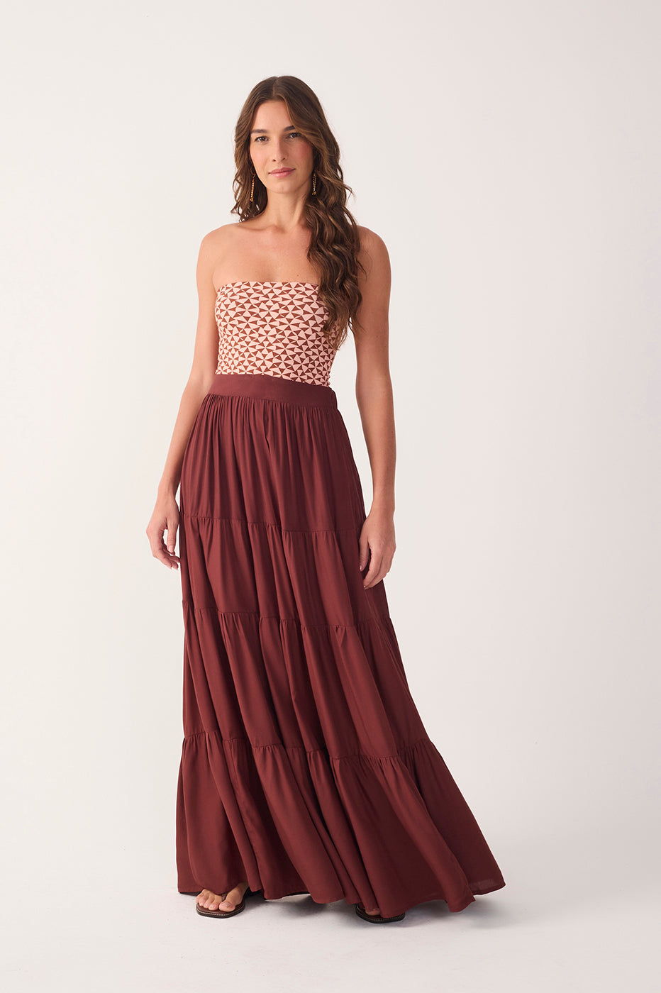 Brown Ruched Tiered Maxi Skirt