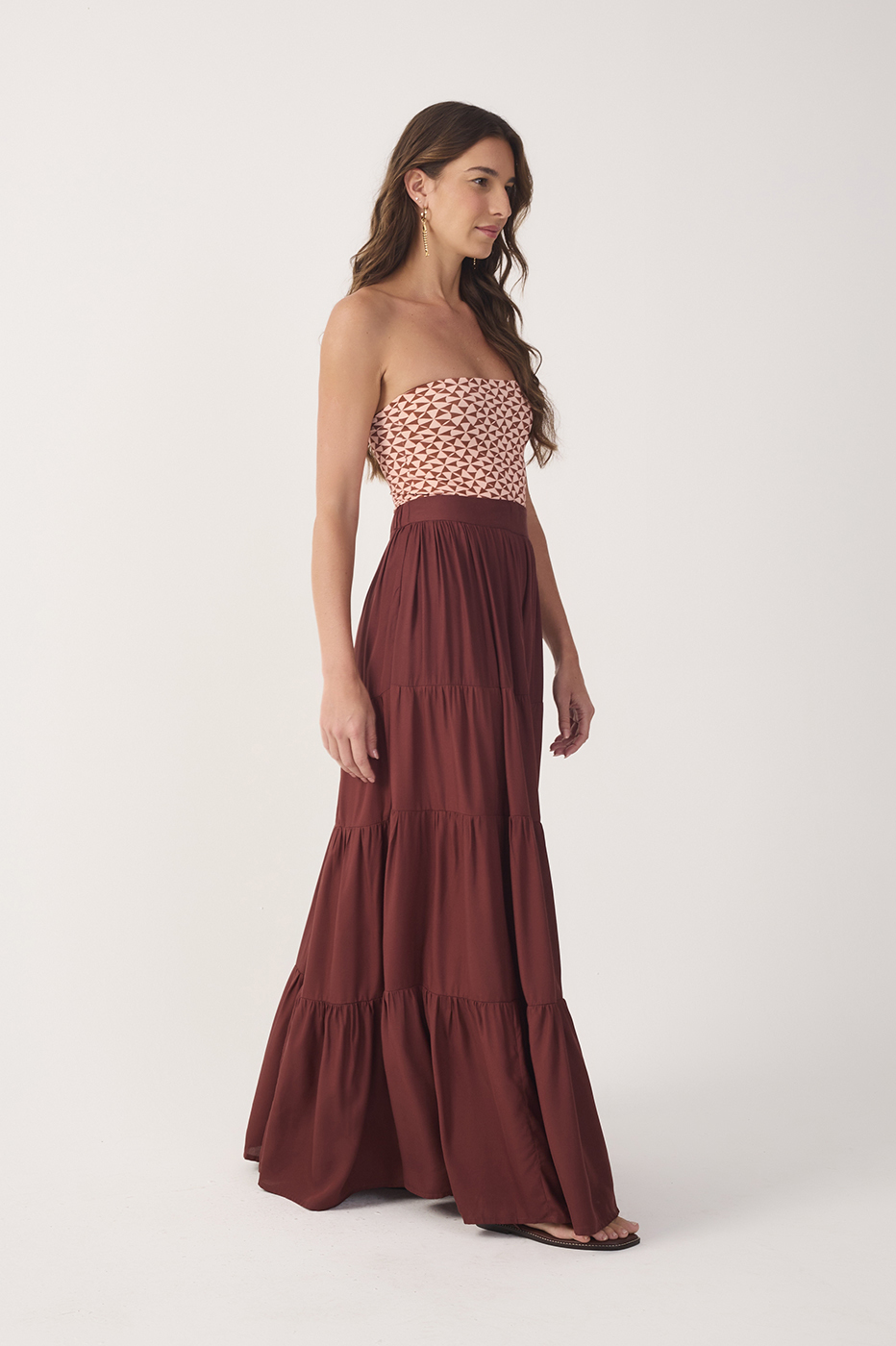 Brown Ruched Tiered Maxi Skirt