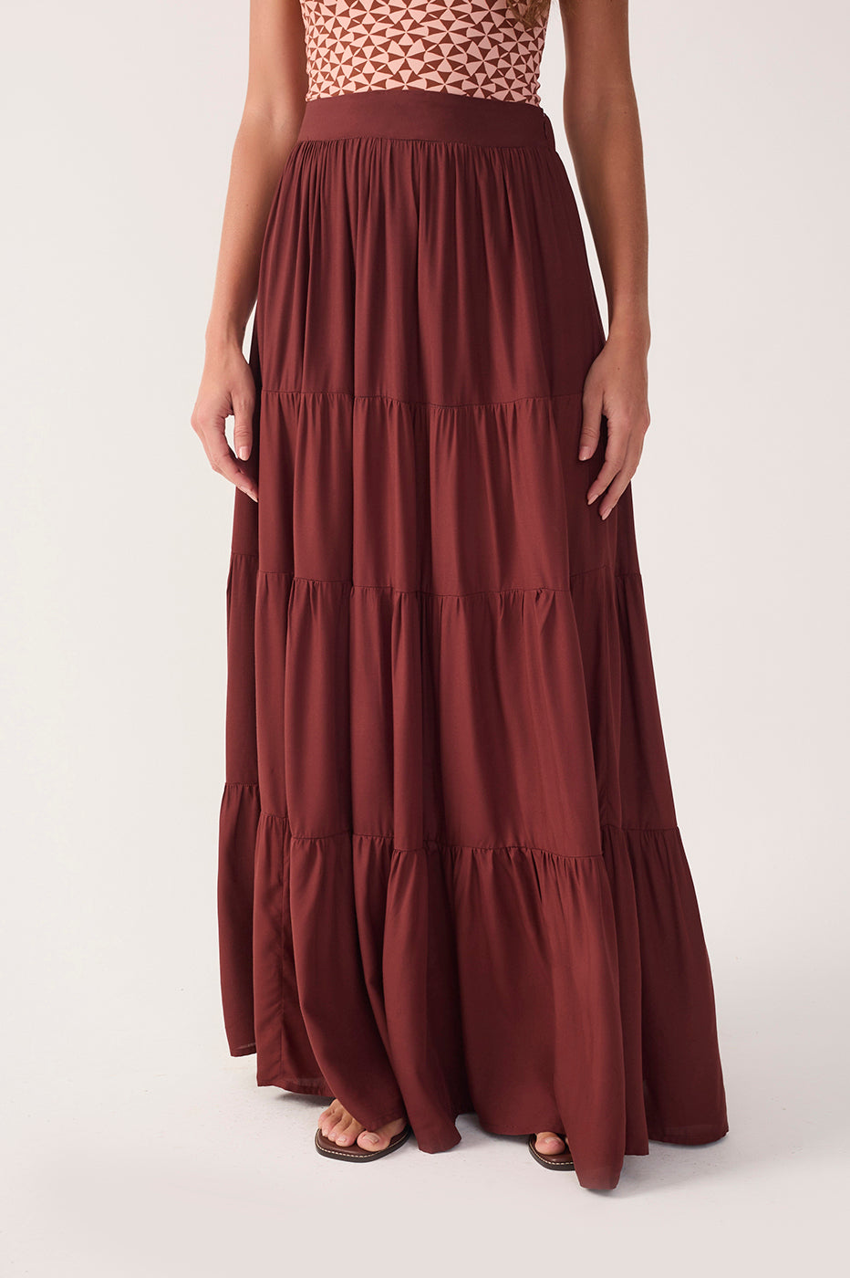 Brown Ruched Tiered Maxi Skirt