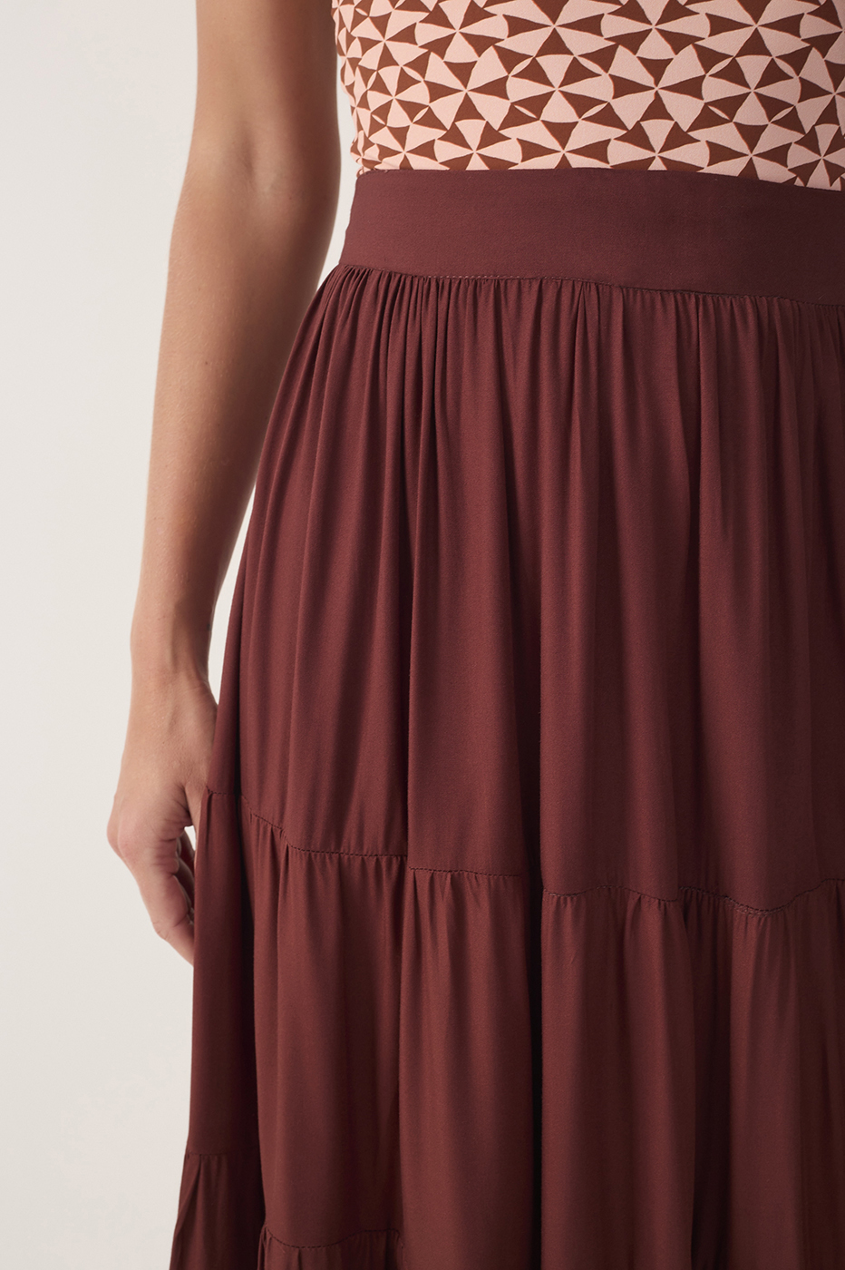 Brown Ruched Tiered Maxi Skirt