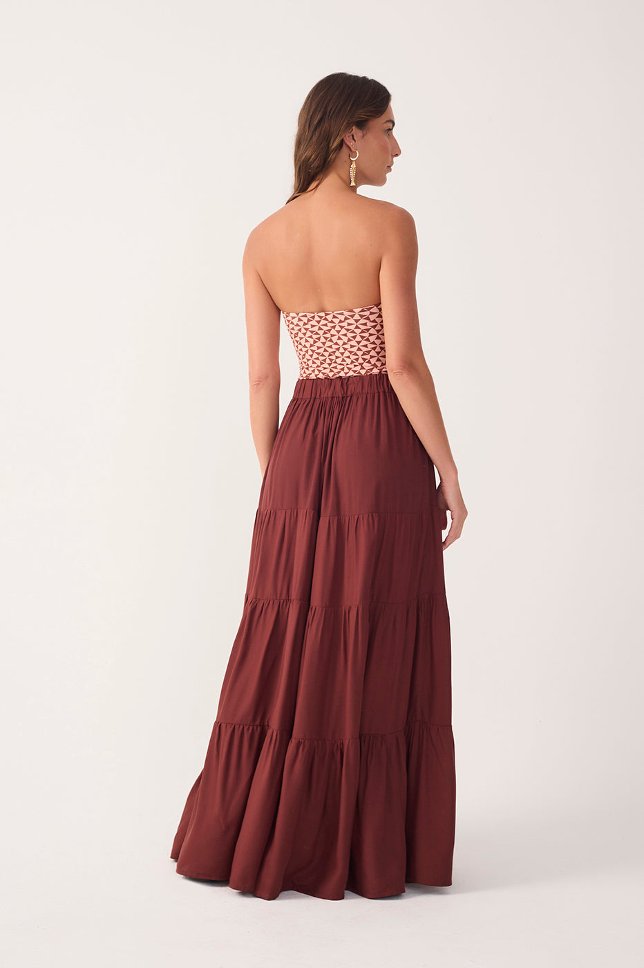 Brown Ruched Tiered Maxi Skirt