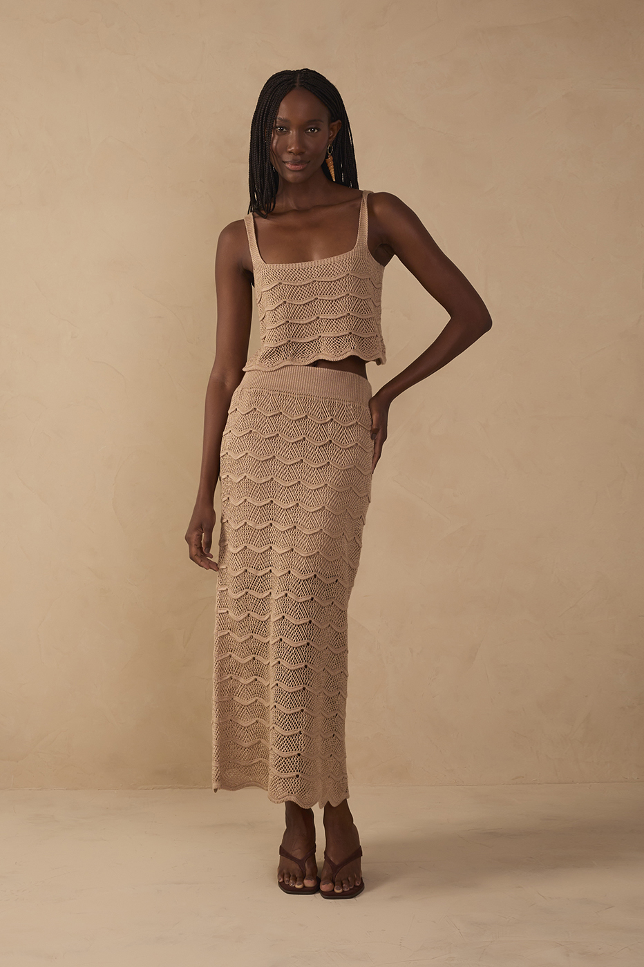 Beige Waves Tricot Midi Skirt