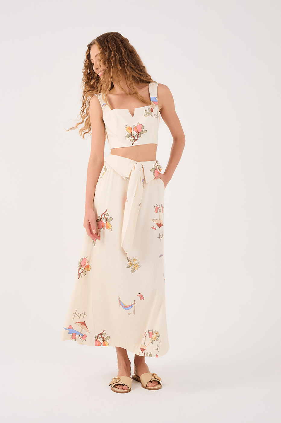 Off-White Cenas Tie Waist Linen Midi Skirt