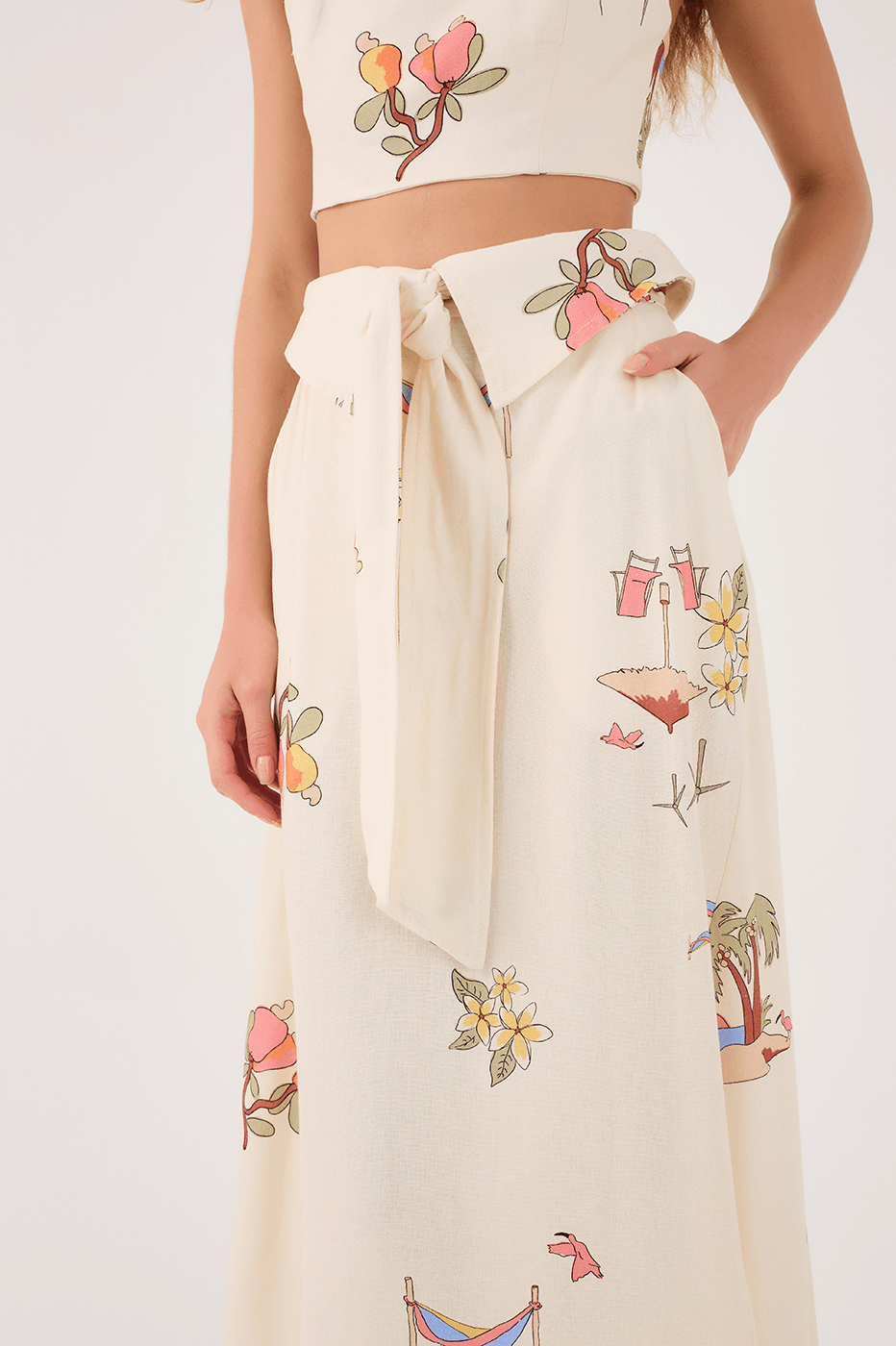 Off-White Cenas Tie Waist Linen Midi Skirt