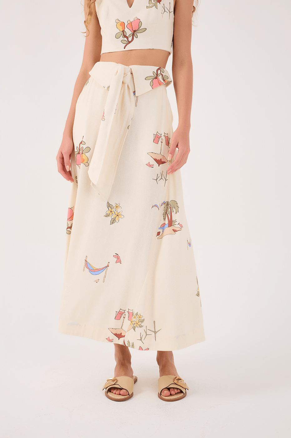 Off-White Cenas Tie Waist Linen Midi Skirt