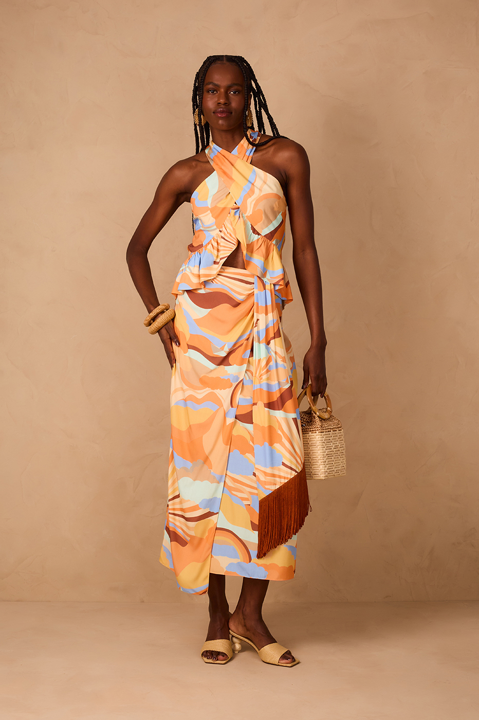 Wrap Skirt Fringe Sunset Print