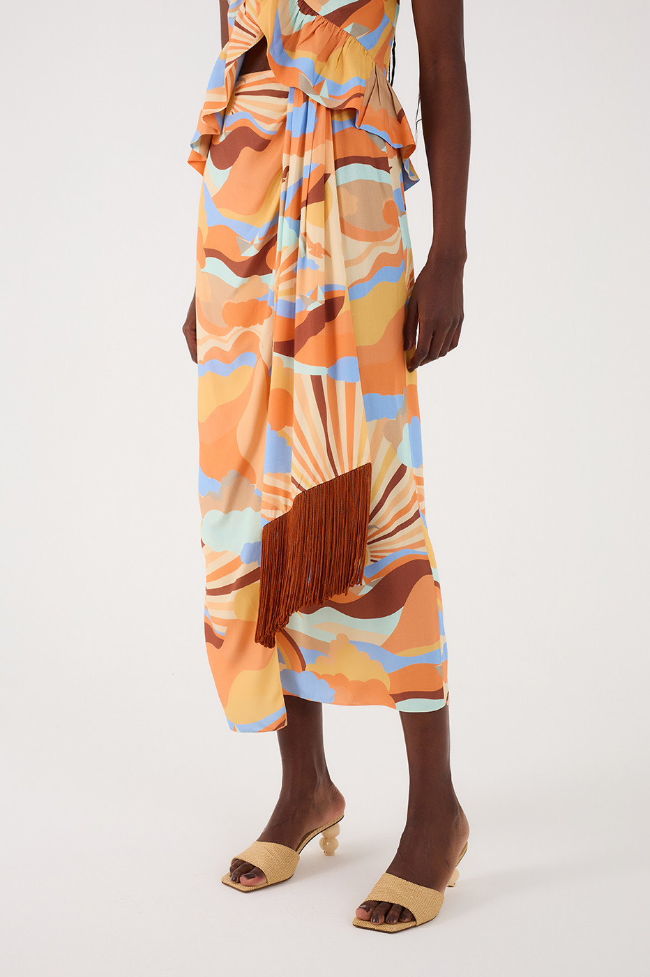 Wrap Skirt Fringe Sunset Print