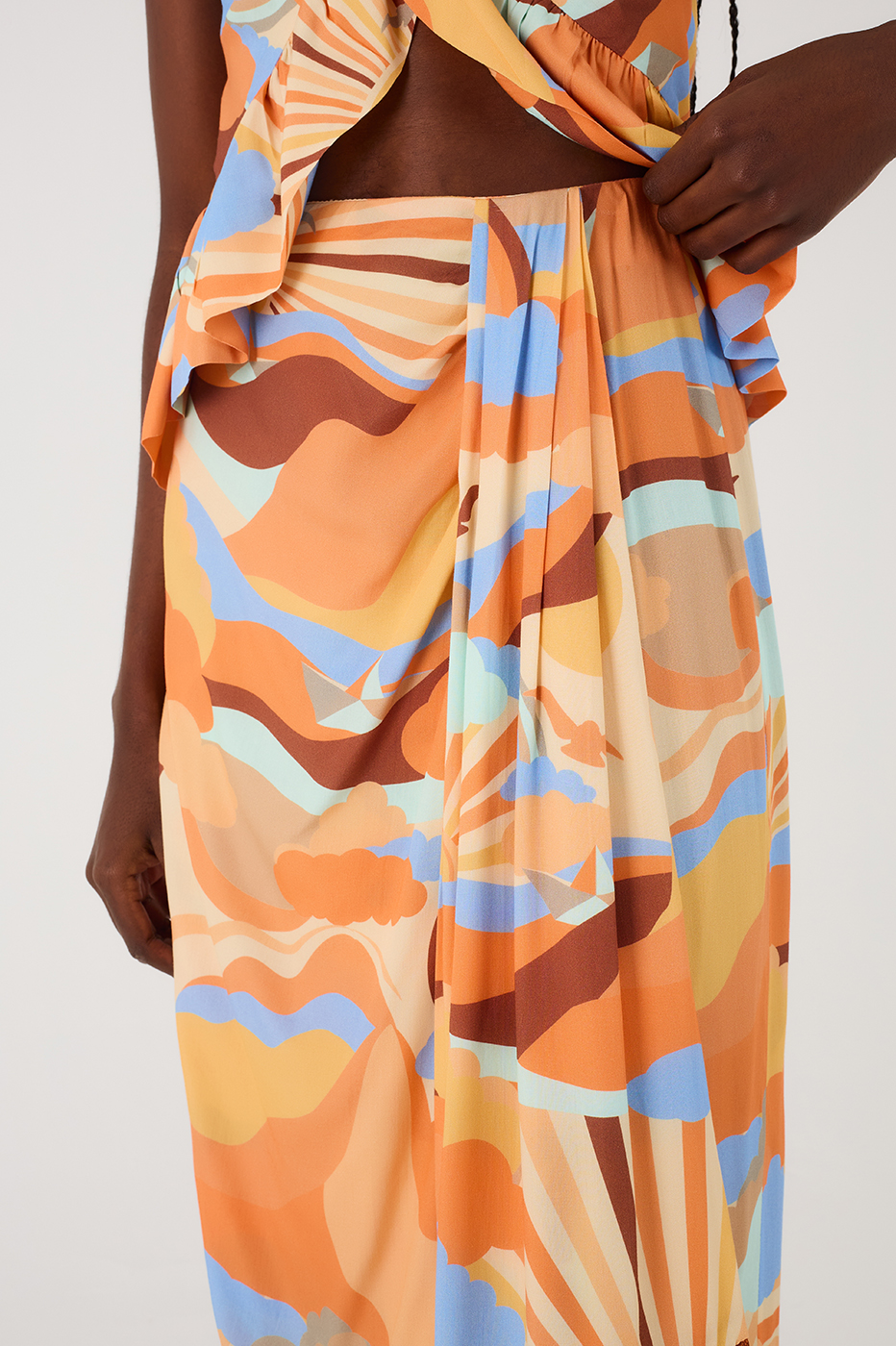 Wrap Skirt Fringe Sunset Print