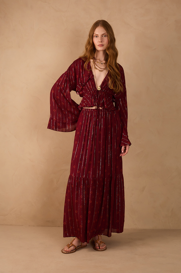 Marsala Solar Lurex Elastic Waist Boho Maxi Skirt