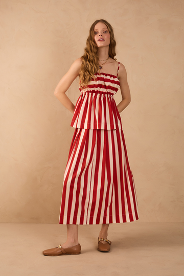 Red Maravilha Stripes Button Closure Pleats Maxi Skirt
