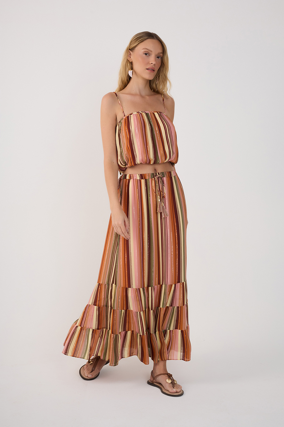 Multicolor Bosque Lurex Ruffled Midi Skirt