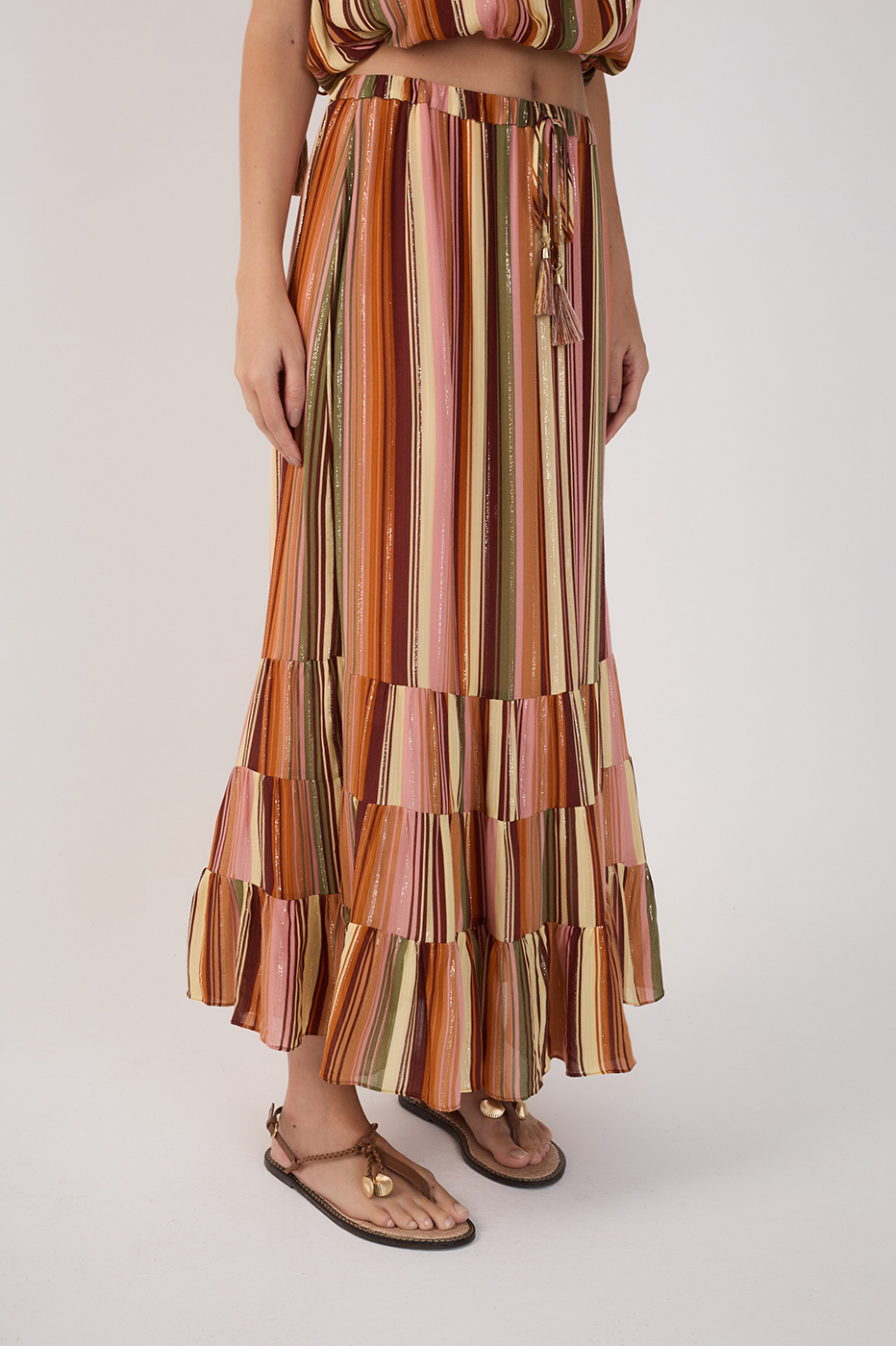 Multicolor Bosque Lurex Ruffled Midi Skirt