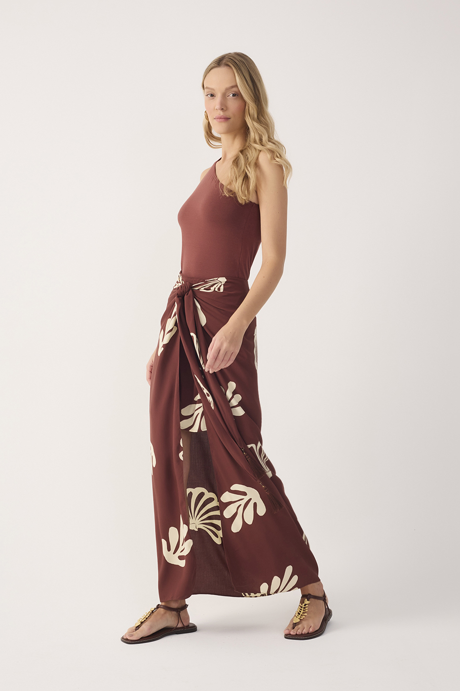 Brown Mares Front Ties Tassels Maxi Skirt