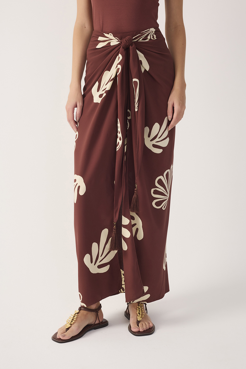 Brown Mares Front Ties Tassels Maxi Skirt