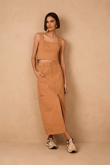 Beige Leme Pockets Cotton Utility Maxi Skirt