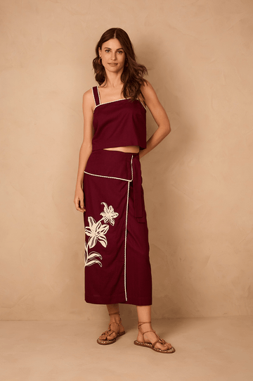 Wine Bossa Embroidered Flowers Side Ties Maxi Skirt