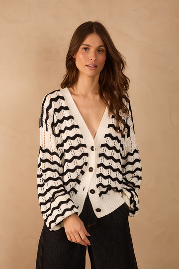 Black And White Ondas Buttoned Tricot Cardigan