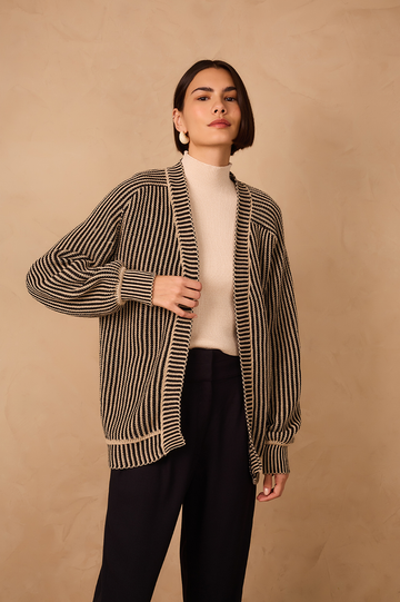 Off-White And Black Cuffed Tricot Cardigan