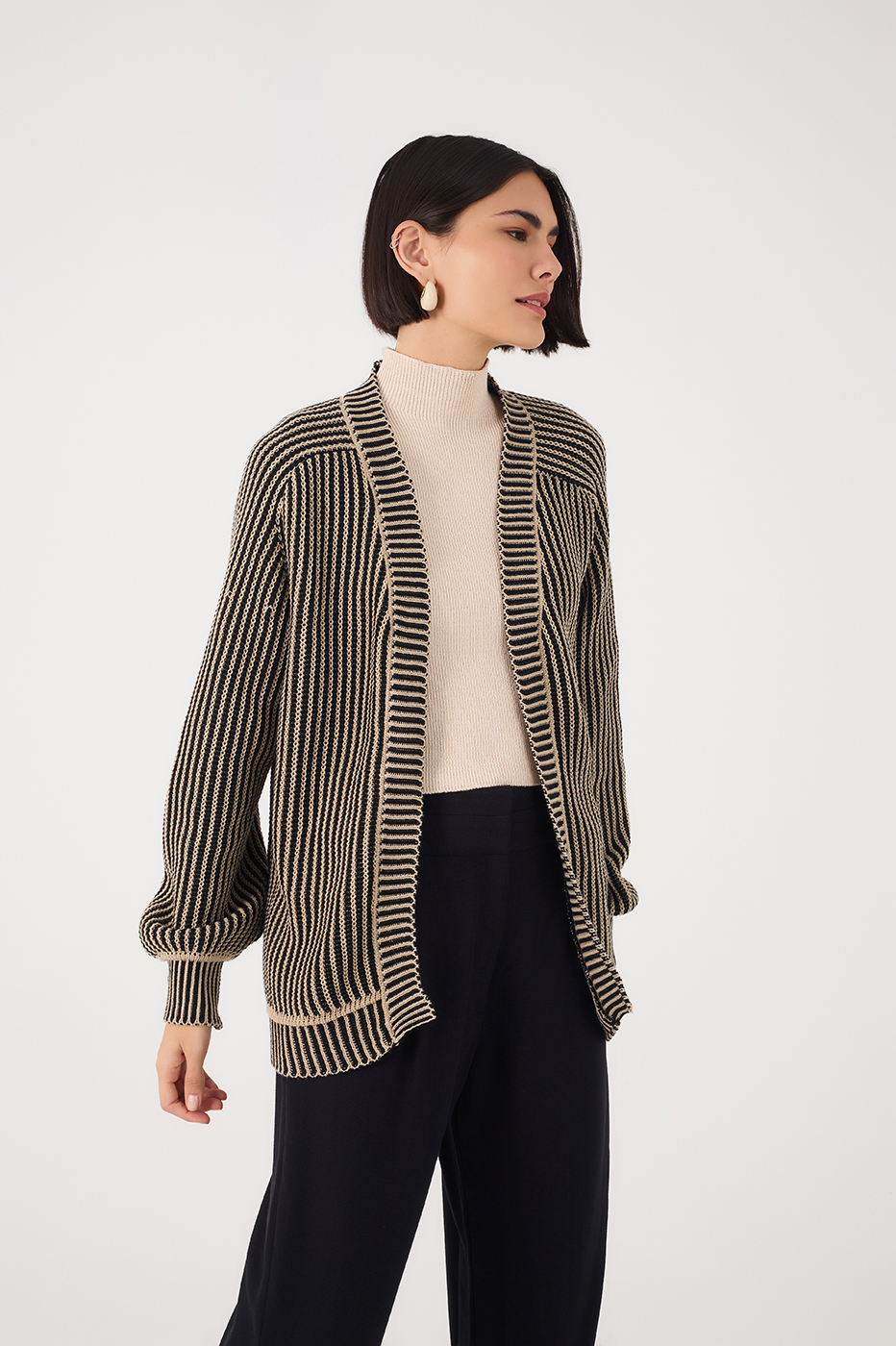 Off-White And Black Cuffed Tricot Cardigan