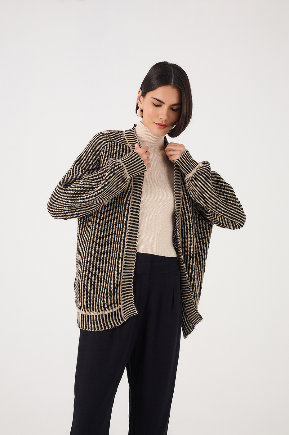 Off-White And Black Cuffed Tricot Cardigan