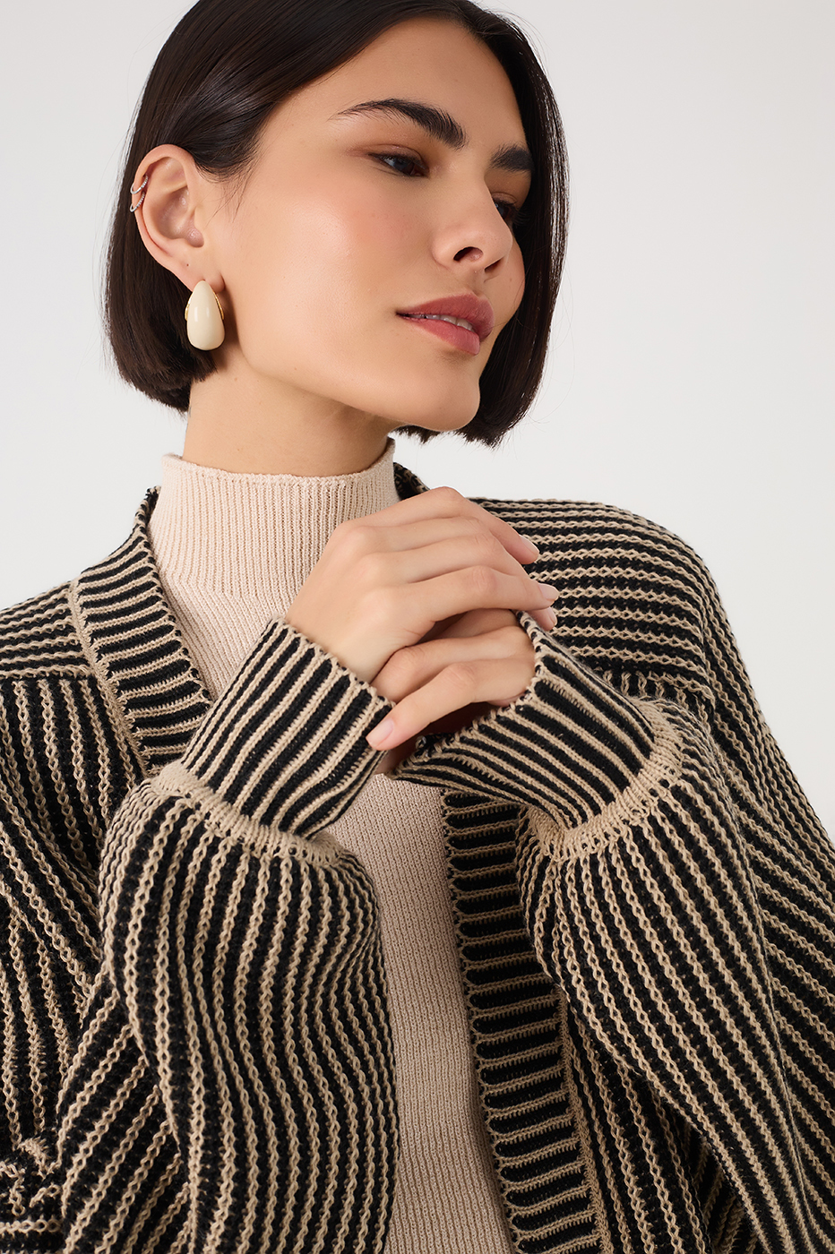 Off-White And Black Cuffed Tricot Cardigan