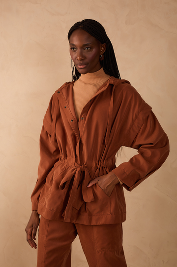 Brown Mate Belted Buttoned Hood Parka Jacket