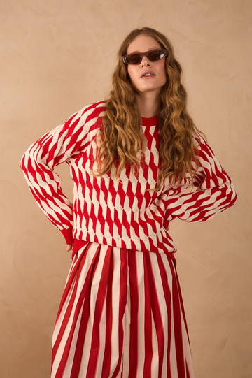 Red Stripes Crew Neck Long Sleeve Tricot Cardigan