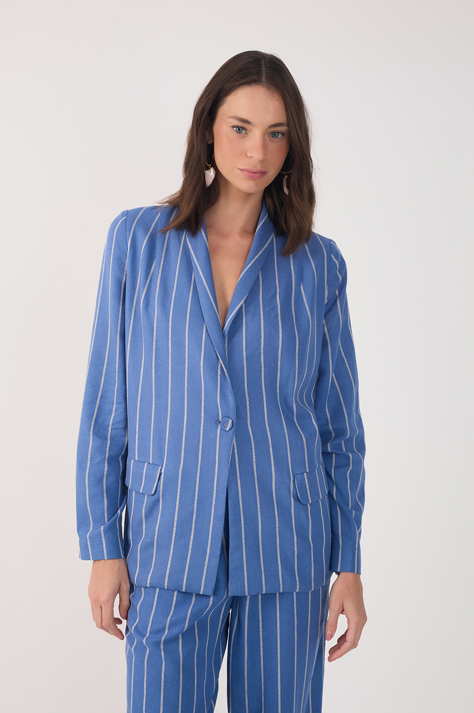 Blue Stripes Lapel Buttoned Linen Blazer
