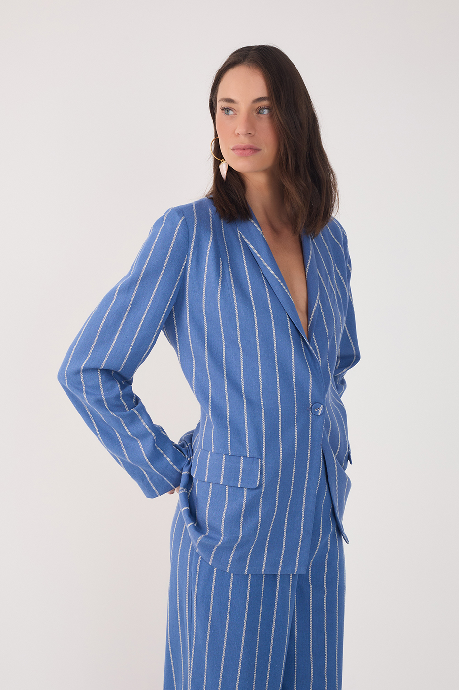Blue Stripes Lapel Buttoned Linen Blazer