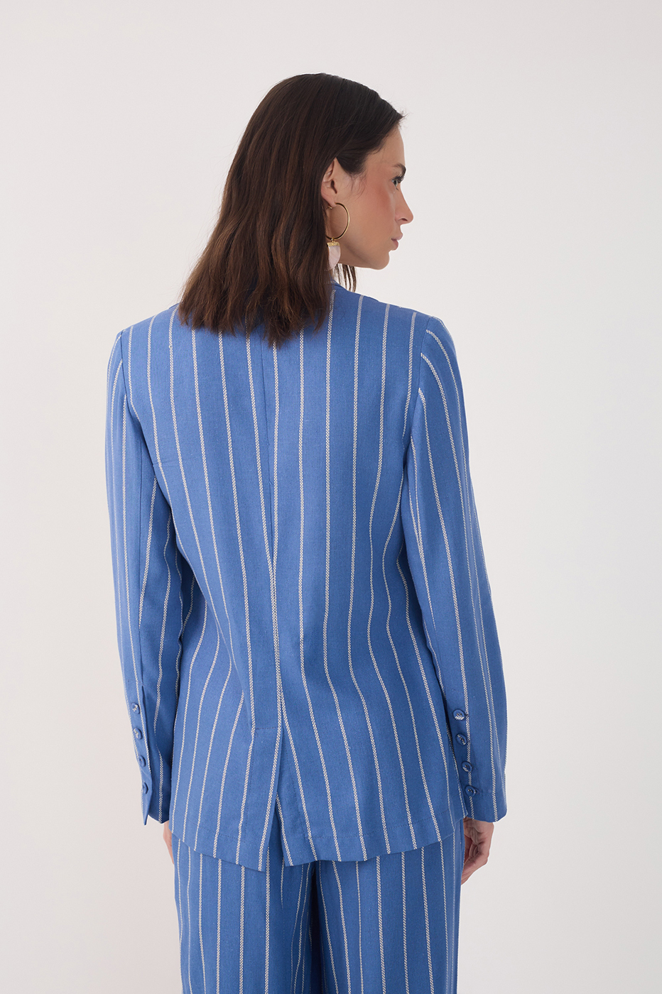 Blue Stripes Lapel Buttoned Linen Blazer