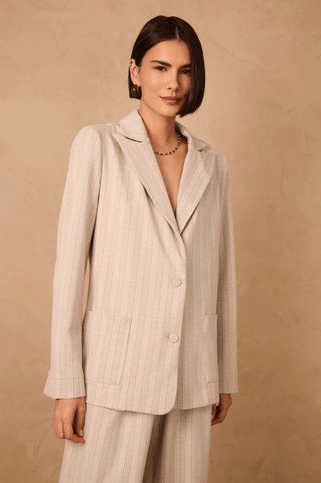 Beige Stripes Notched Lapel Tailored Linen Blazer