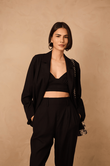 Black Notched Lapel Slit Linen Blazer