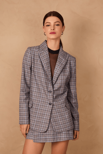 Grey Plaid Oversized Buttoned Notched Lapel Tailored Blazer