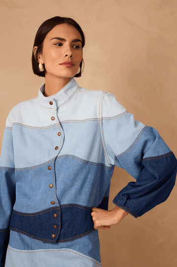 Denim Ondas Buttoned High Neck Jacket